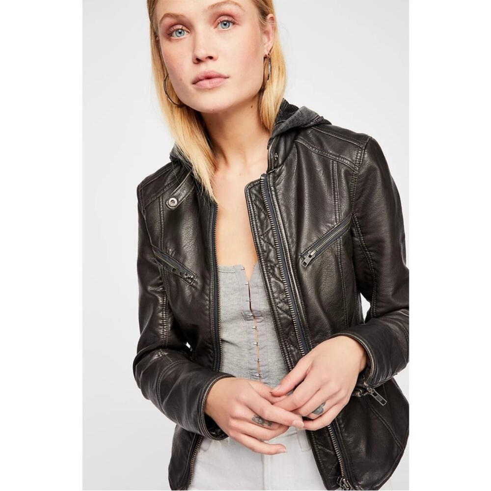 Free People We The Free Monroe Vegan Leather Hooded Biker Jacket